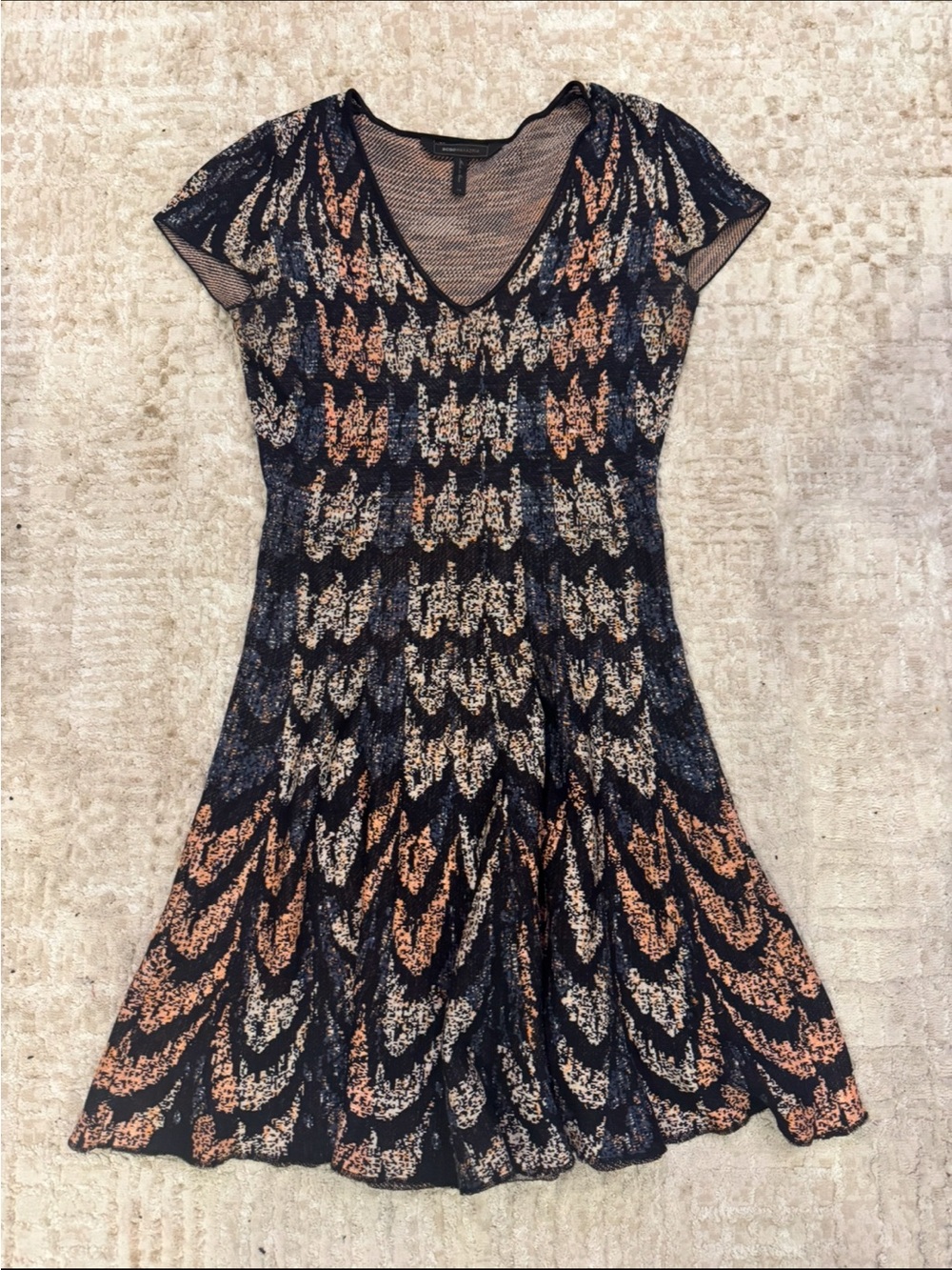 BCBGMaxAzria Navy, Peach & Cream Patterned V-Neck Midi Dress